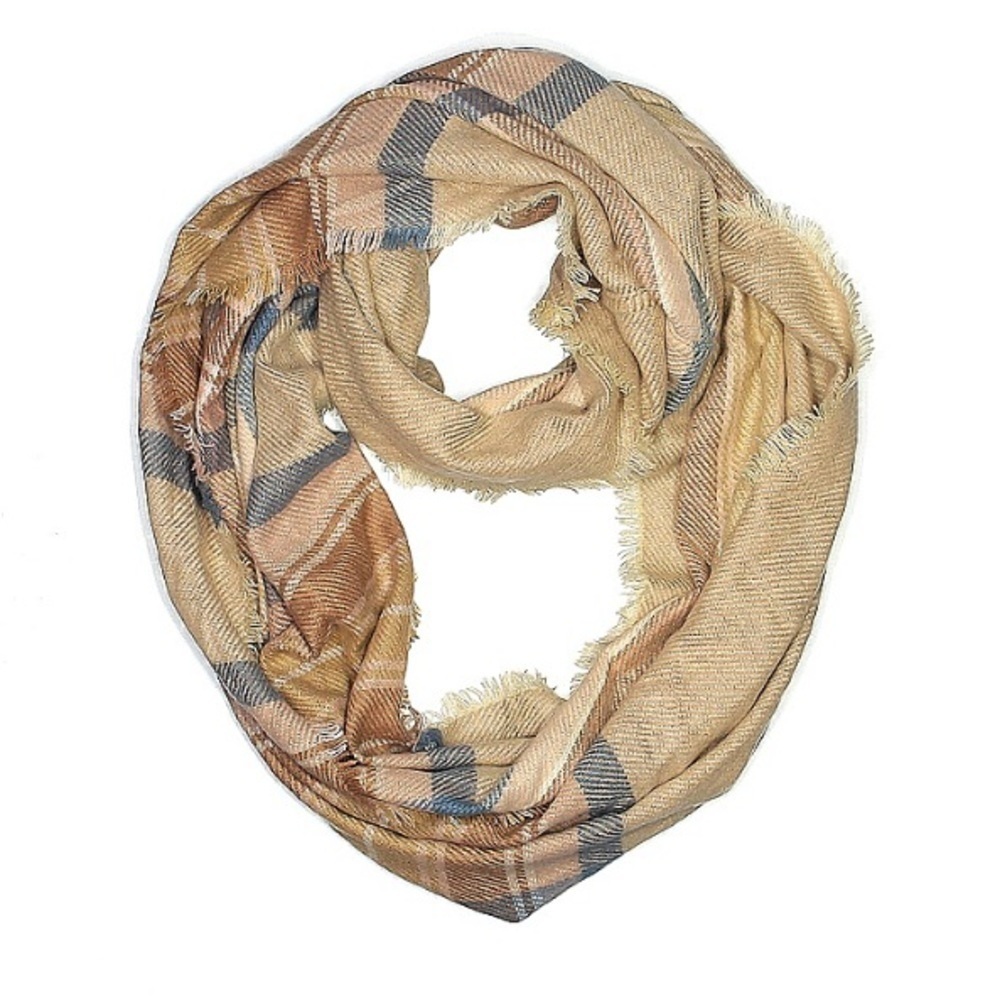 Nordstrom neutral tan plaid fringe infinity scarf adult one size
